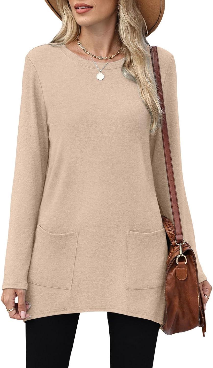 imageXIEERDUO Womens Tunic Tops Long Sleeve Crew Neck High Low Hem Loose Fit Shirts Blouses with PocketsBeige