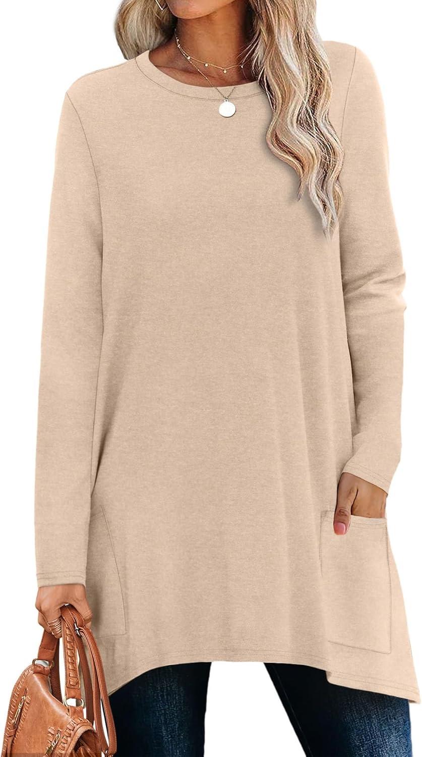 imageXIEERDUO Womens Tunic Tops Long Sleeve Crew Neck High Low Hem Loose Fit Shirts Blouses with PocketsBeige