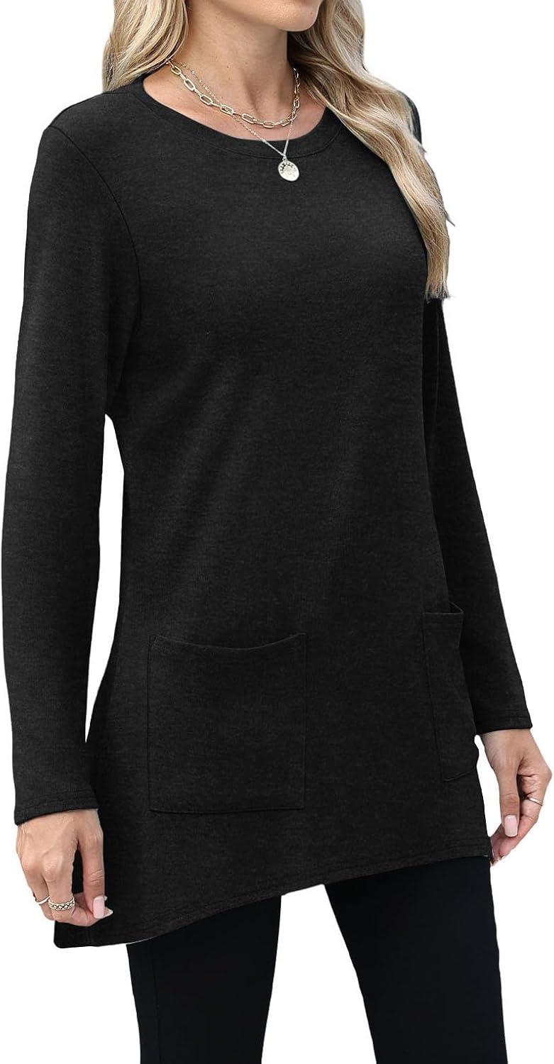 imageXIEERDUO Womens Tunic Tops Long Sleeve Crew Neck High Low Hem Loose Fit Shirts Blouses with PocketsBlack