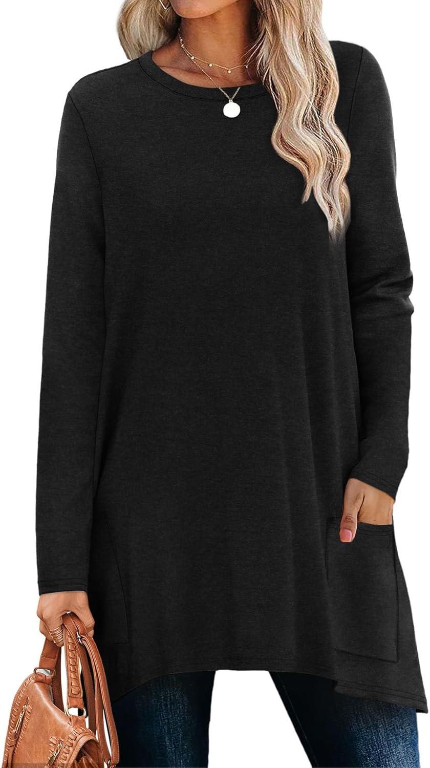 imageXIEERDUO Womens Tunic Tops Long Sleeve Crew Neck High Low Hem Loose Fit Shirts Blouses with PocketsBlack