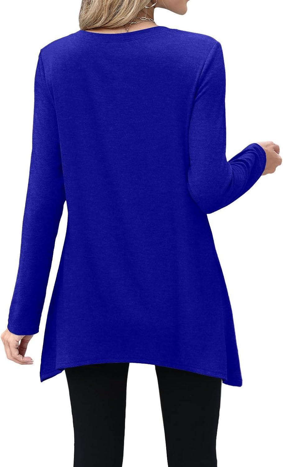 imageXIEERDUO Womens Tunic Tops Long Sleeve Crew Neck High Low Hem Loose Fit Shirts Blouses with PocketsBlue