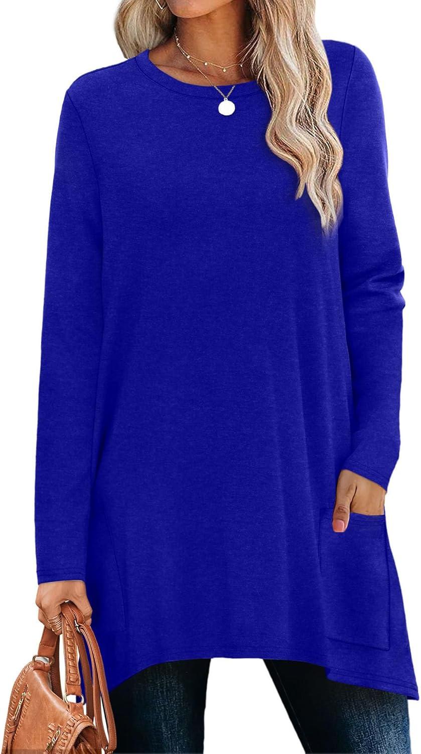 imageXIEERDUO Womens Tunic Tops Long Sleeve Crew Neck High Low Hem Loose Fit Shirts Blouses with PocketsBlue
