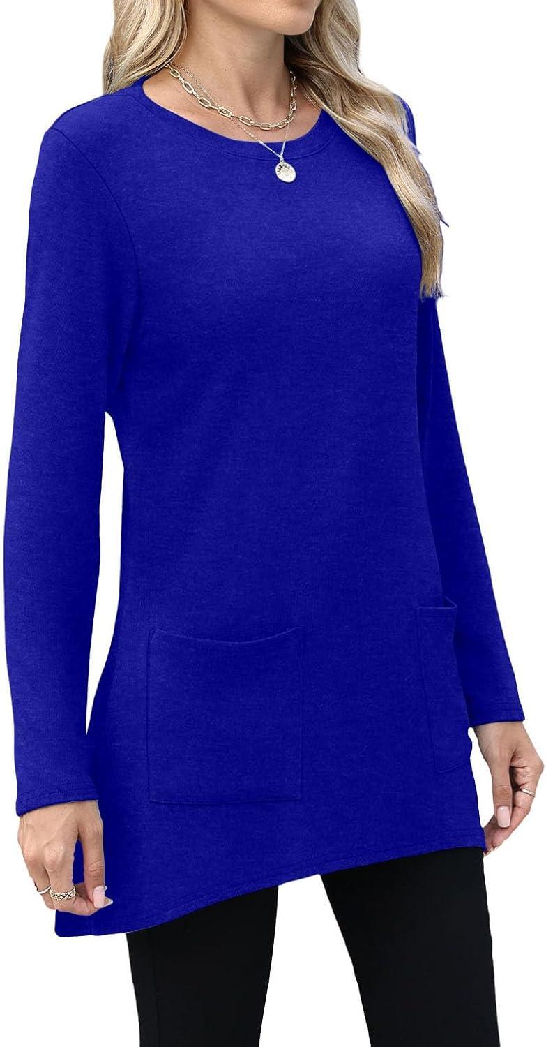 imageXIEERDUO Womens Tunic Tops Long Sleeve Crew Neck High Low Hem Loose Fit Shirts Blouses with PocketsBlue
