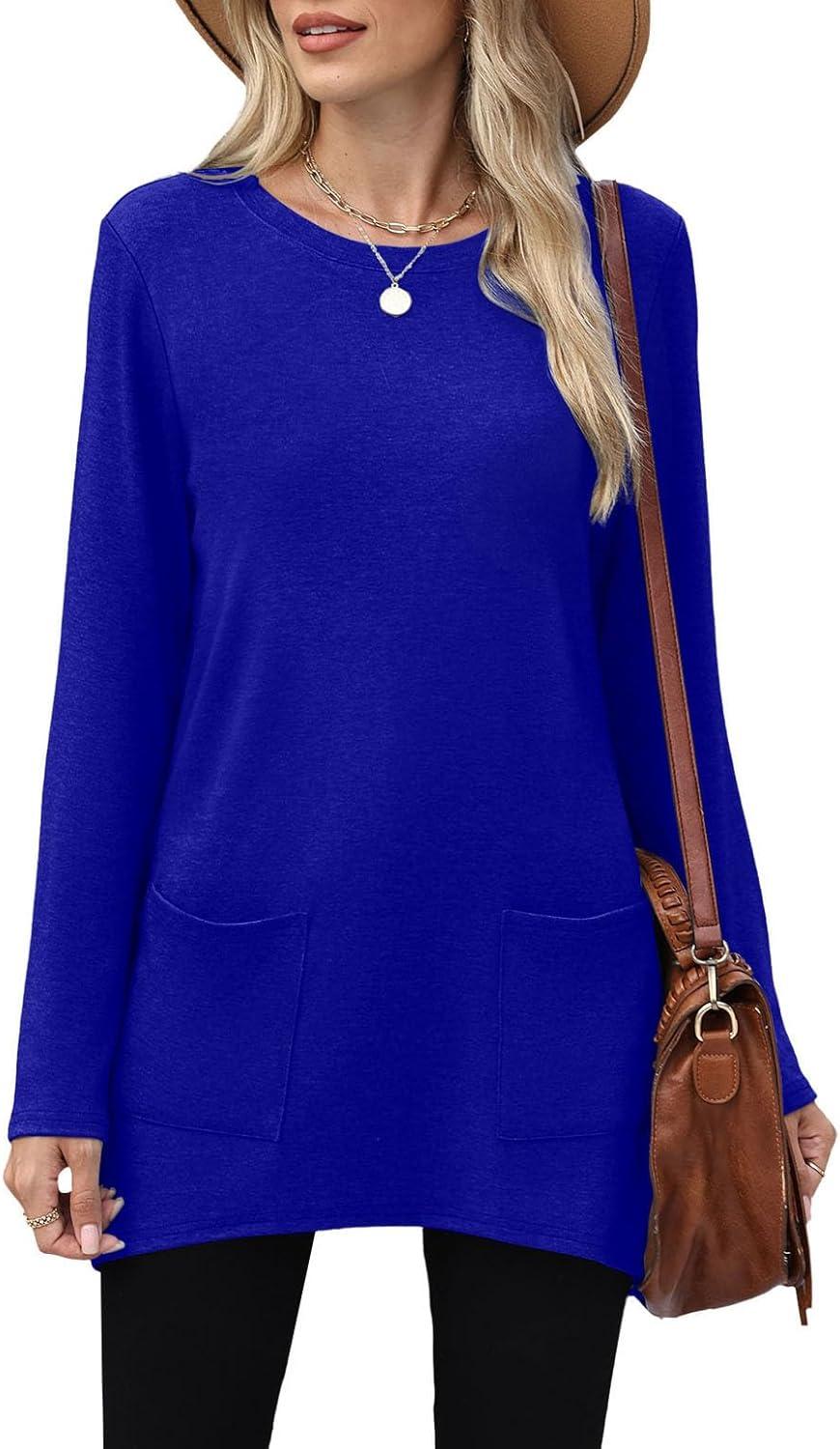 imageXIEERDUO Womens Tunic Tops Long Sleeve Crew Neck High Low Hem Loose Fit Shirts Blouses with PocketsBlue
