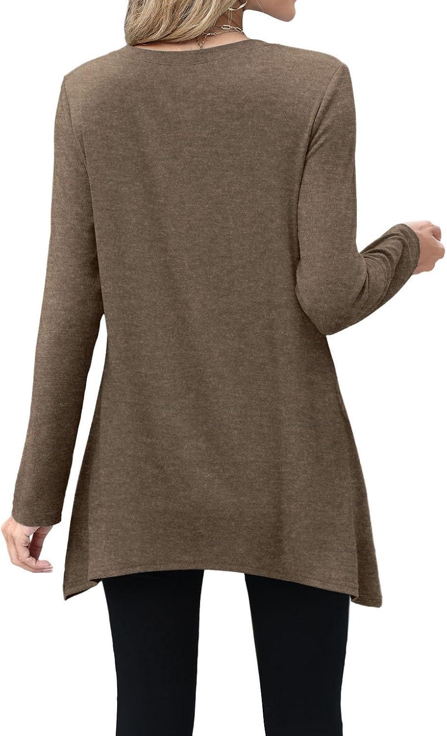 imageXIEERDUO Womens Tunic Tops Long Sleeve Crew Neck High Low Hem Loose Fit Shirts Blouses with PocketsBrown