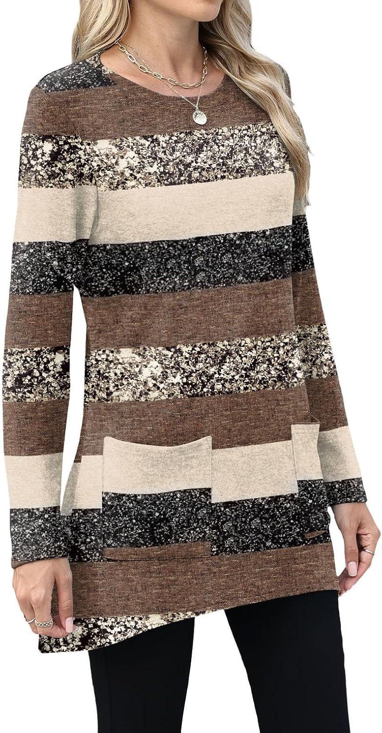 imageXIEERDUO Womens Tunic Tops Long Sleeve Crew Neck High Low Hem Loose Fit Shirts Blouses with PocketsBrown Stripe