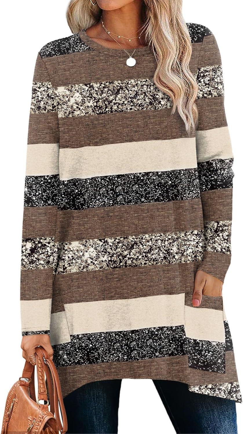imageXIEERDUO Womens Tunic Tops Long Sleeve Crew Neck High Low Hem Loose Fit Shirts Blouses with PocketsBrown Stripe