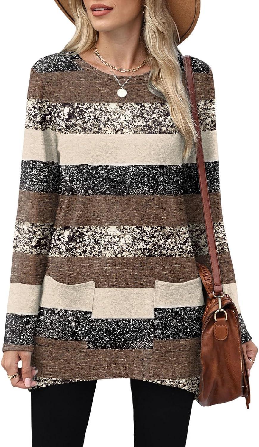 imageXIEERDUO Womens Tunic Tops Long Sleeve Crew Neck High Low Hem Loose Fit Shirts Blouses with PocketsBrown Stripe