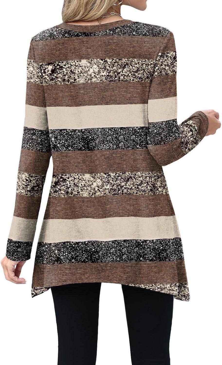 imageXIEERDUO Womens Tunic Tops Long Sleeve Crew Neck High Low Hem Loose Fit Shirts Blouses with PocketsBrown Stripe