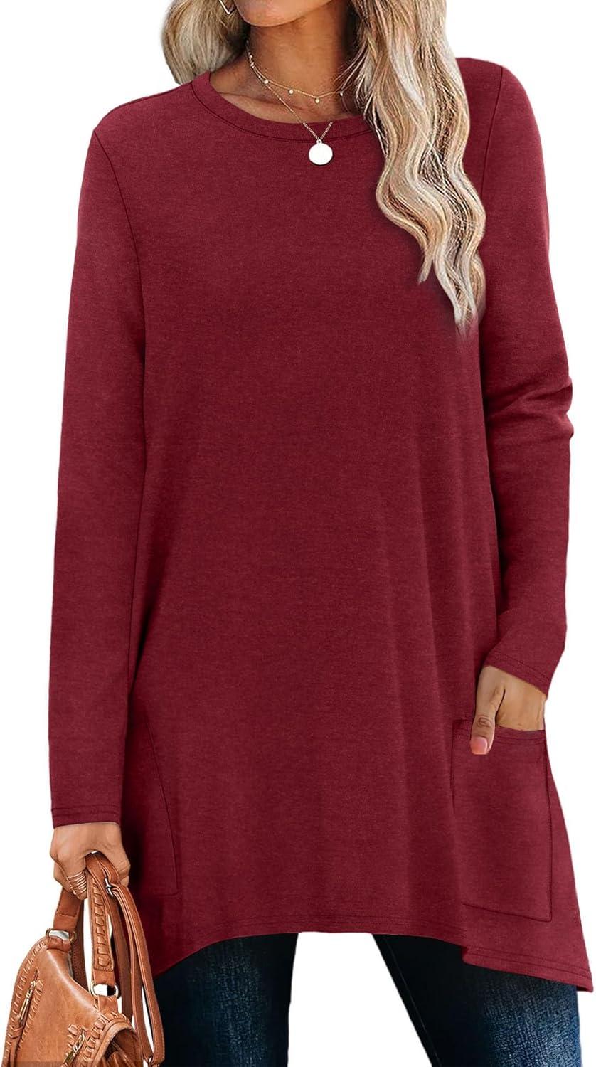 imageXIEERDUO Womens Tunic Tops Long Sleeve Crew Neck High Low Hem Loose Fit Shirts Blouses with PocketsBurgundy