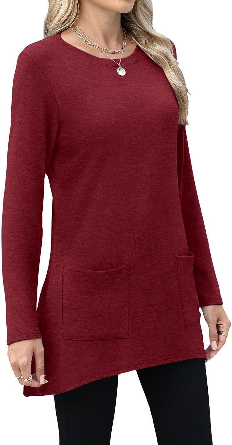 imageXIEERDUO Womens Tunic Tops Long Sleeve Crew Neck High Low Hem Loose Fit Shirts Blouses with PocketsBurgundy