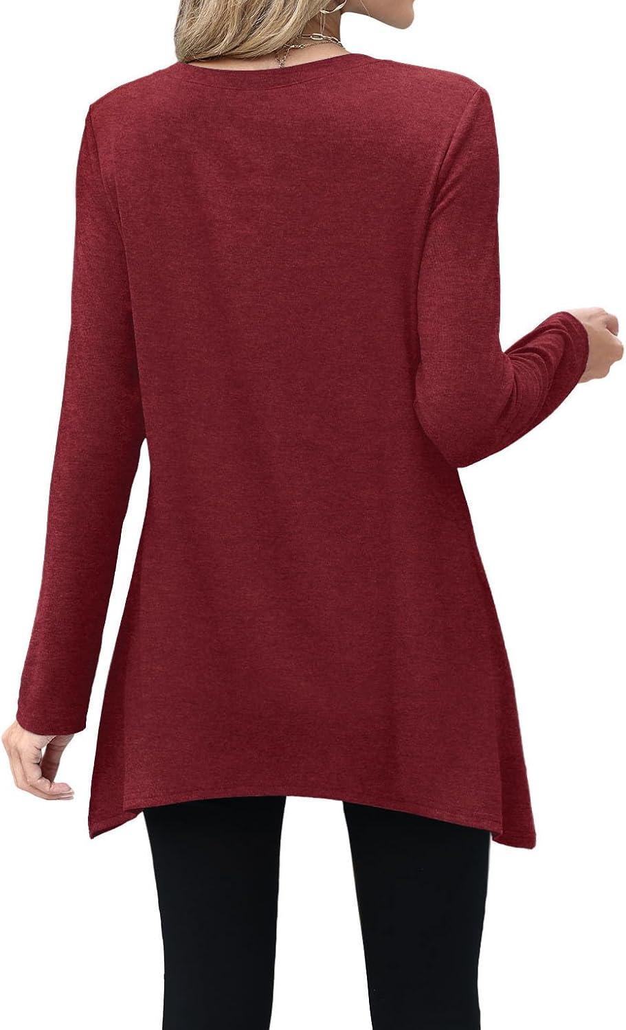 imageXIEERDUO Womens Tunic Tops Long Sleeve Crew Neck High Low Hem Loose Fit Shirts Blouses with PocketsBurgundy