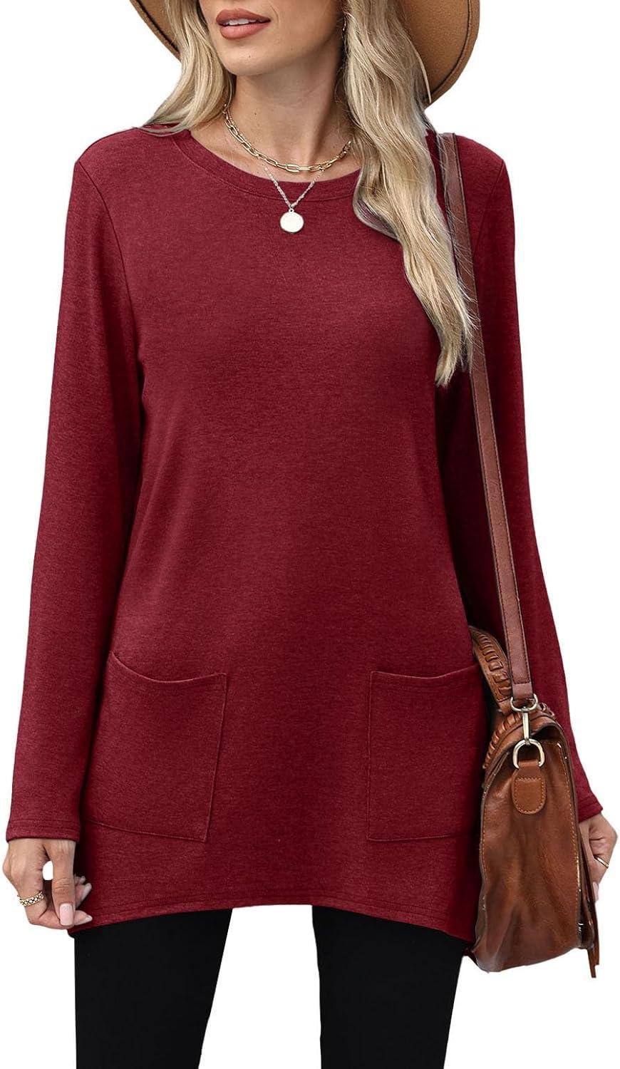 imageXIEERDUO Womens Tunic Tops Long Sleeve Crew Neck High Low Hem Loose Fit Shirts Blouses with PocketsBurgundy