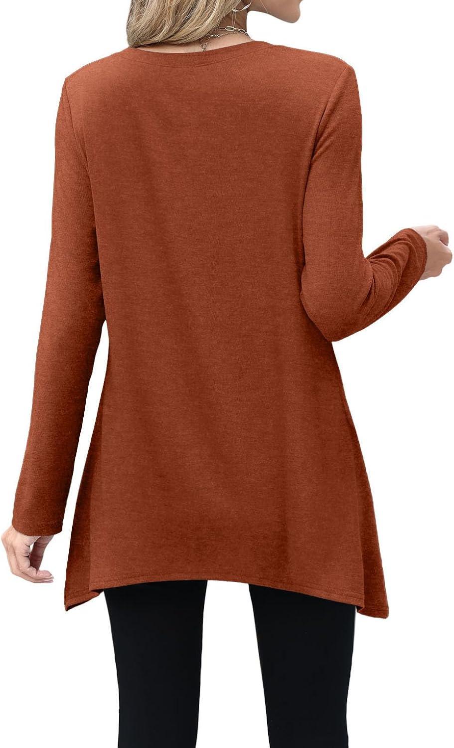imageXIEERDUO Womens Tunic Tops Long Sleeve Crew Neck High Low Hem Loose Fit Shirts Blouses with PocketsCaramel