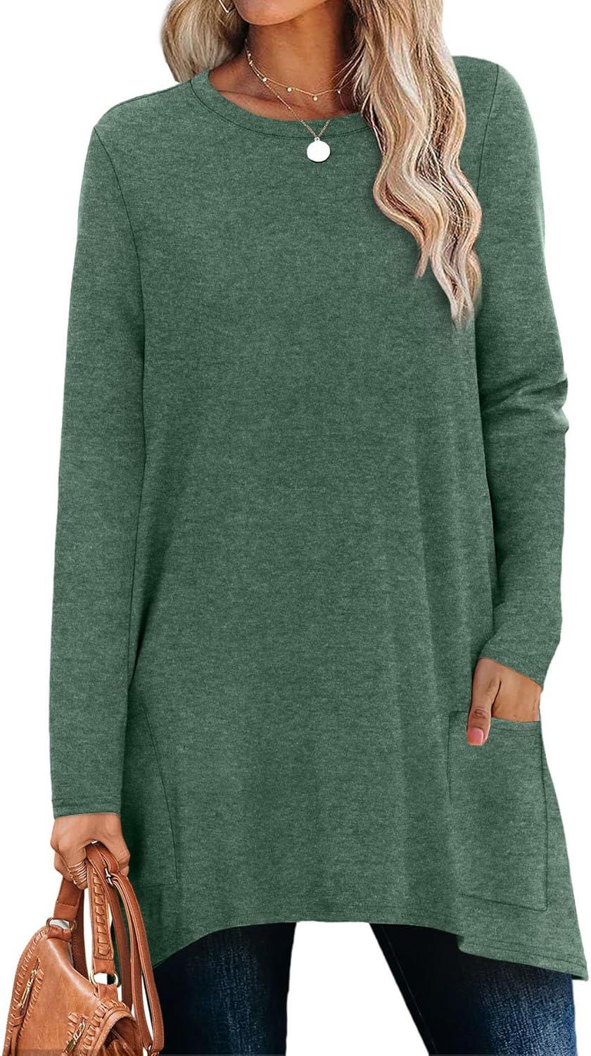 imageXIEERDUO Womens Tunic Tops Long Sleeve Crew Neck High Low Hem Loose Fit Shirts Blouses with PocketsGreen