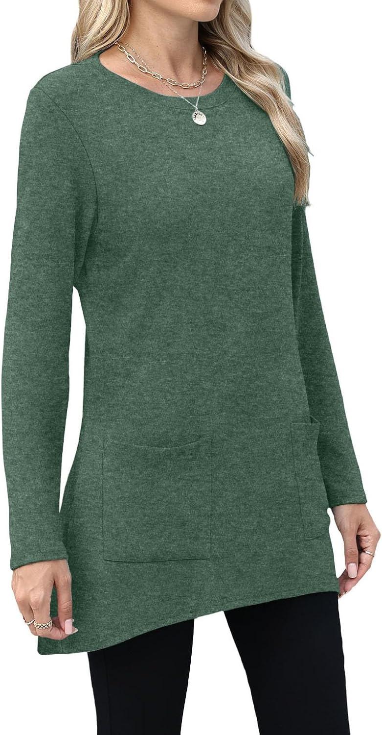imageXIEERDUO Womens Tunic Tops Long Sleeve Crew Neck High Low Hem Loose Fit Shirts Blouses with PocketsGreen