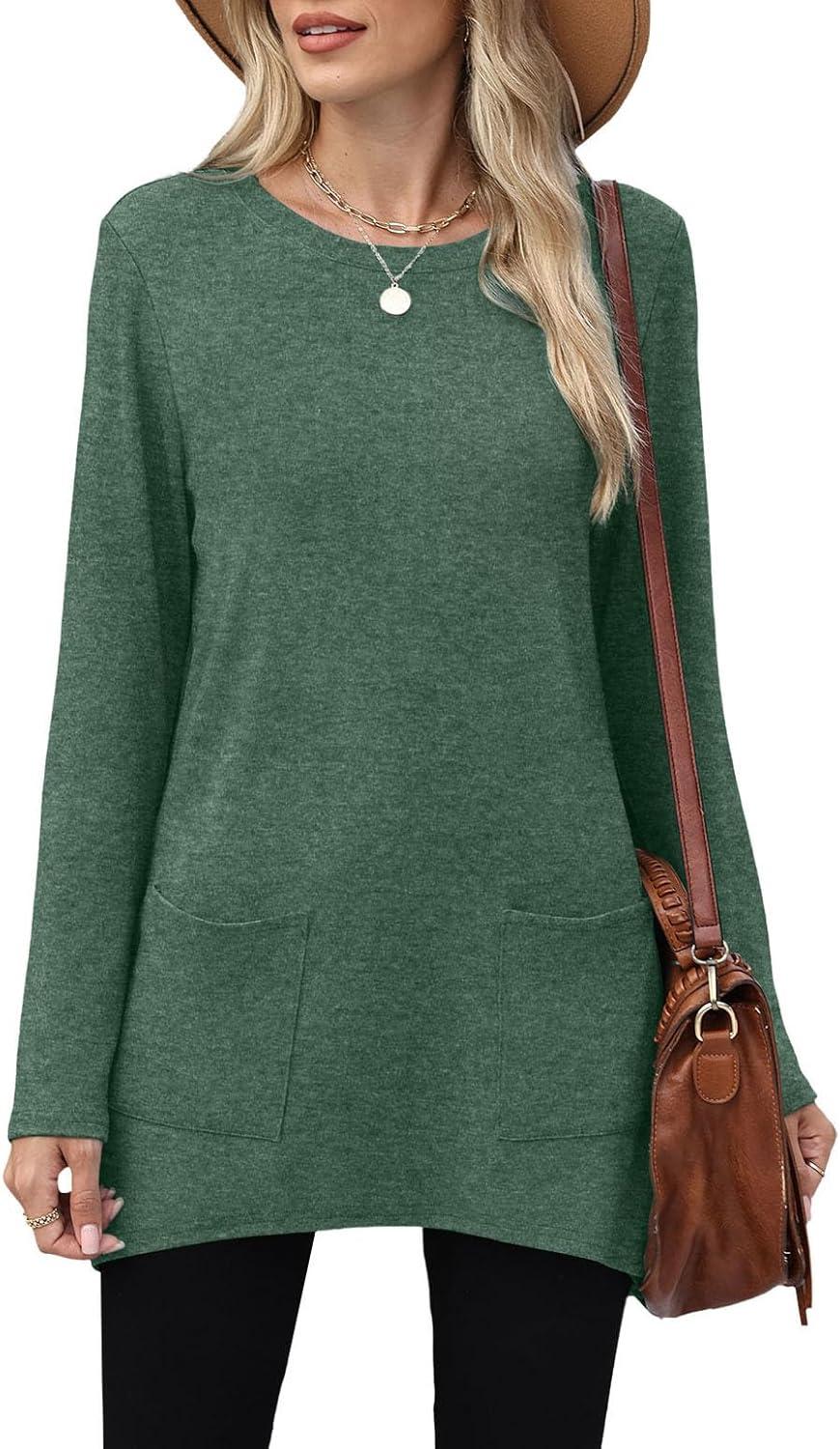 imageXIEERDUO Womens Tunic Tops Long Sleeve Crew Neck High Low Hem Loose Fit Shirts Blouses with PocketsGreen