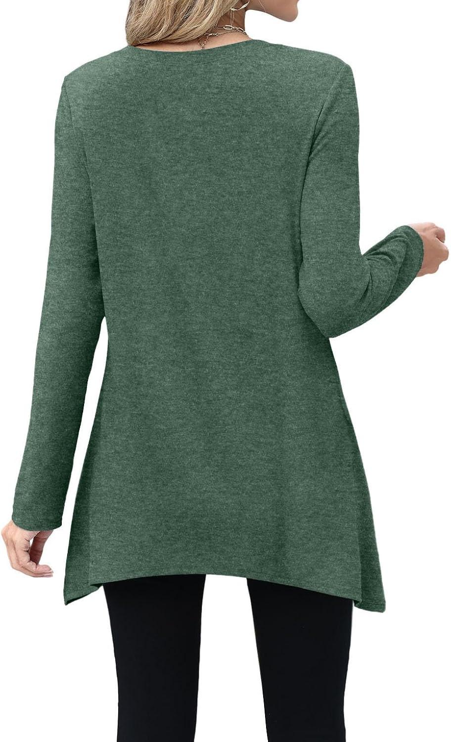 imageXIEERDUO Womens Tunic Tops Long Sleeve Crew Neck High Low Hem Loose Fit Shirts Blouses with PocketsGreen