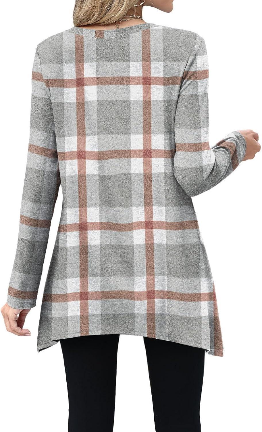 imageXIEERDUO Womens Tunic Tops Long Sleeve Crew Neck High Low Hem Loose Fit Shirts Blouses with PocketsGrey Plaid