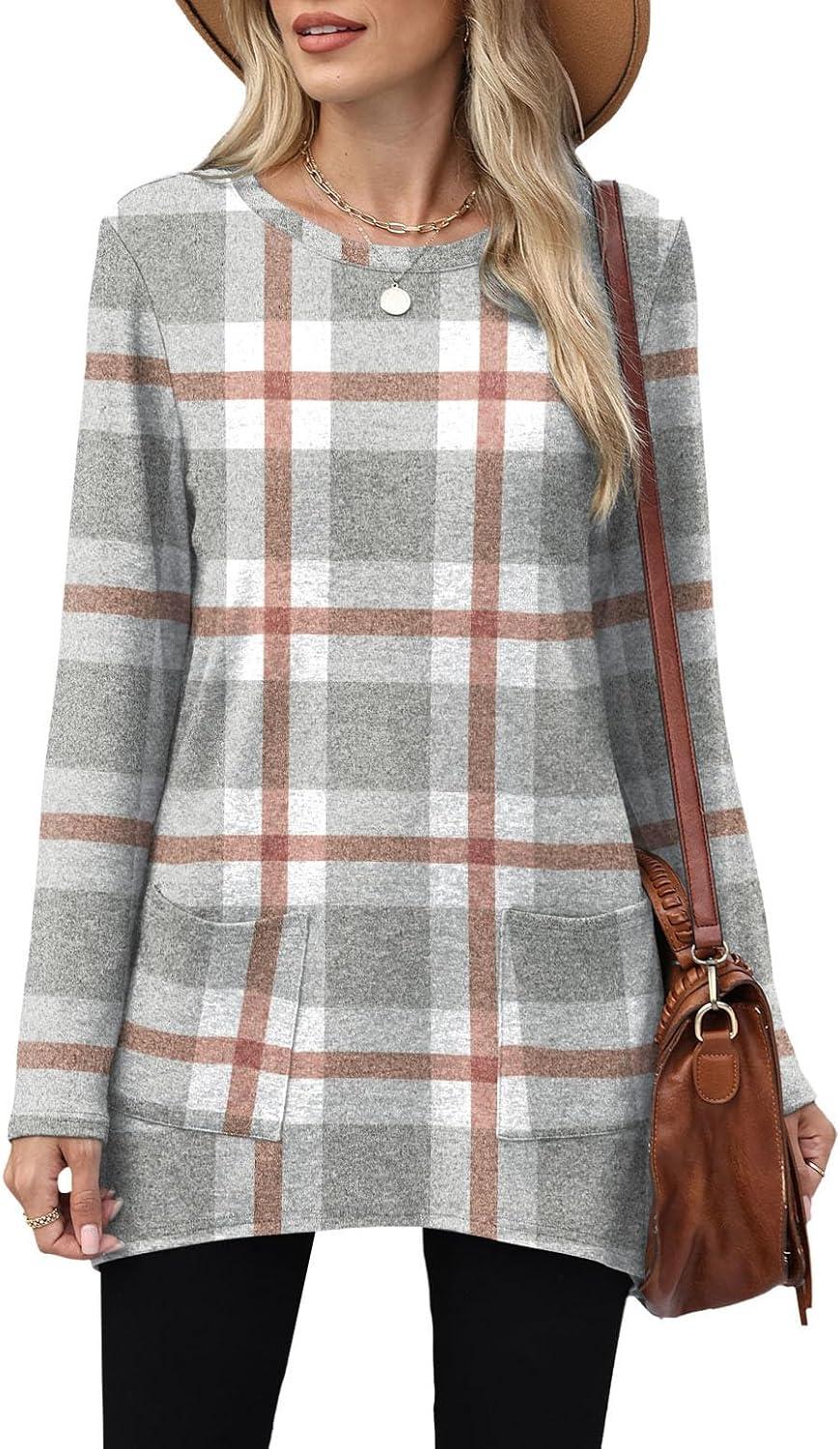 imageXIEERDUO Womens Tunic Tops Long Sleeve Crew Neck High Low Hem Loose Fit Shirts Blouses with PocketsGrey Plaid