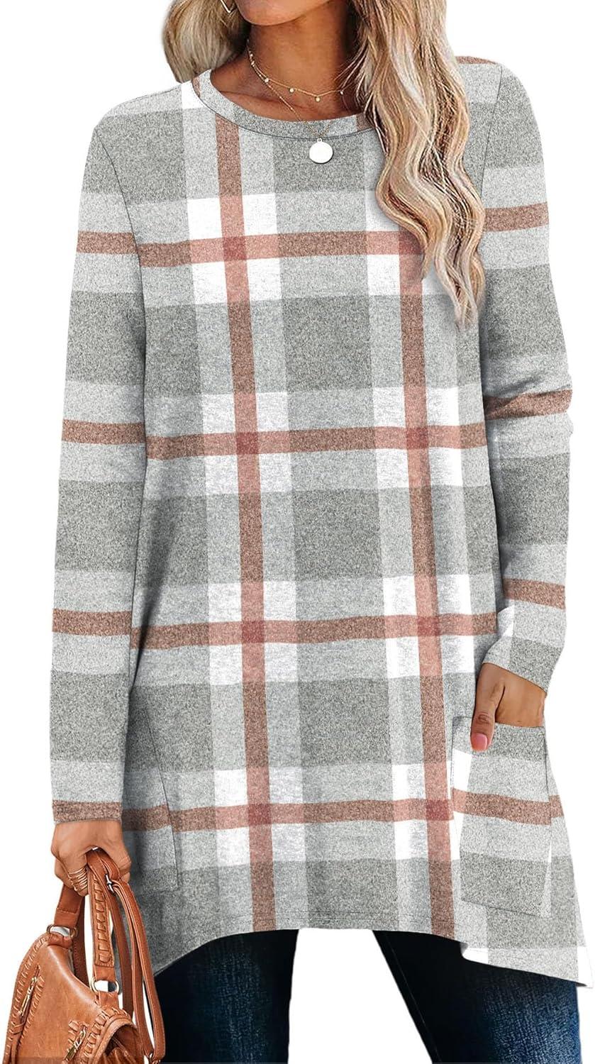imageXIEERDUO Womens Tunic Tops Long Sleeve Crew Neck High Low Hem Loose Fit Shirts Blouses with PocketsGrey Plaid