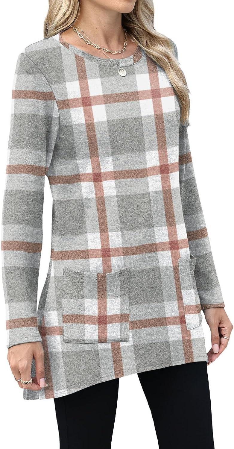 imageXIEERDUO Womens Tunic Tops Long Sleeve Crew Neck High Low Hem Loose Fit Shirts Blouses with PocketsGrey Plaid