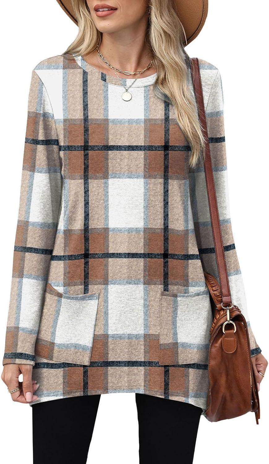 imageXIEERDUO Womens Tunic Tops Long Sleeve Crew Neck High Low Hem Loose Fit Shirts Blouses with PocketsPlaid