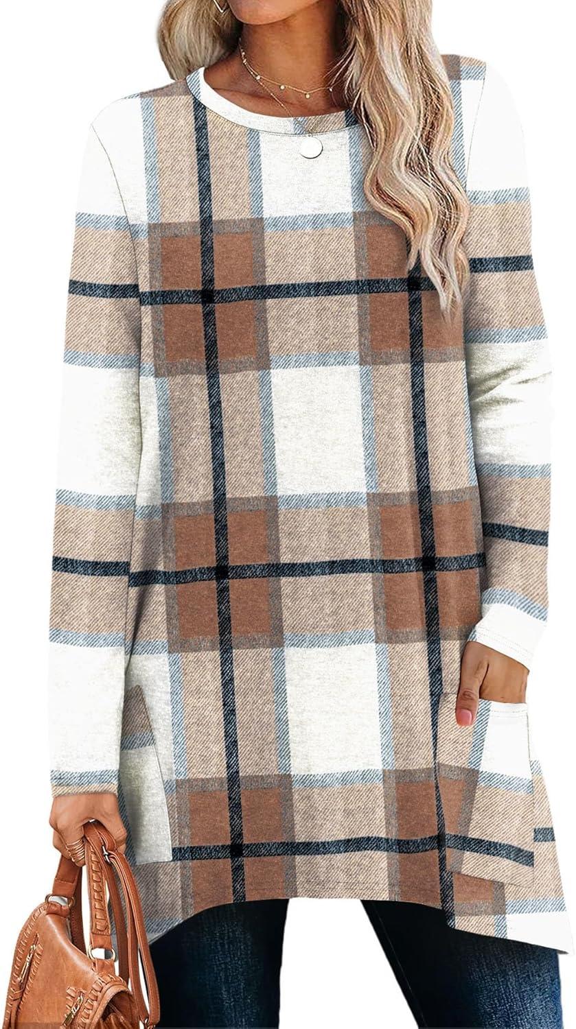 imageXIEERDUO Womens Tunic Tops Long Sleeve Crew Neck High Low Hem Loose Fit Shirts Blouses with PocketsPlaid