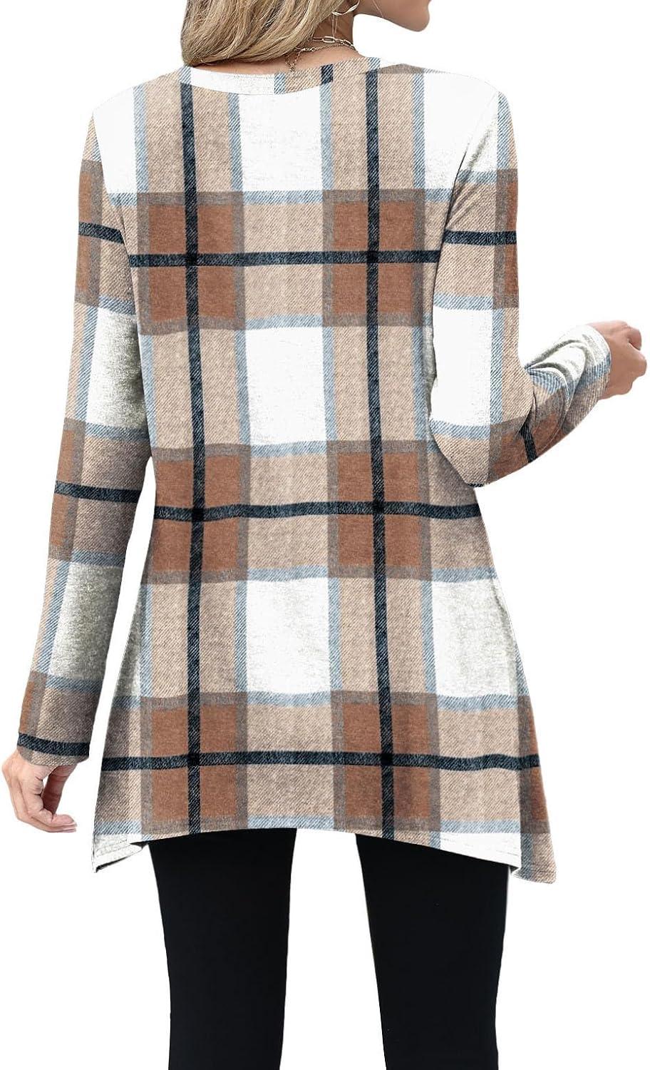 imageXIEERDUO Womens Tunic Tops Long Sleeve Crew Neck High Low Hem Loose Fit Shirts Blouses with PocketsPlaid