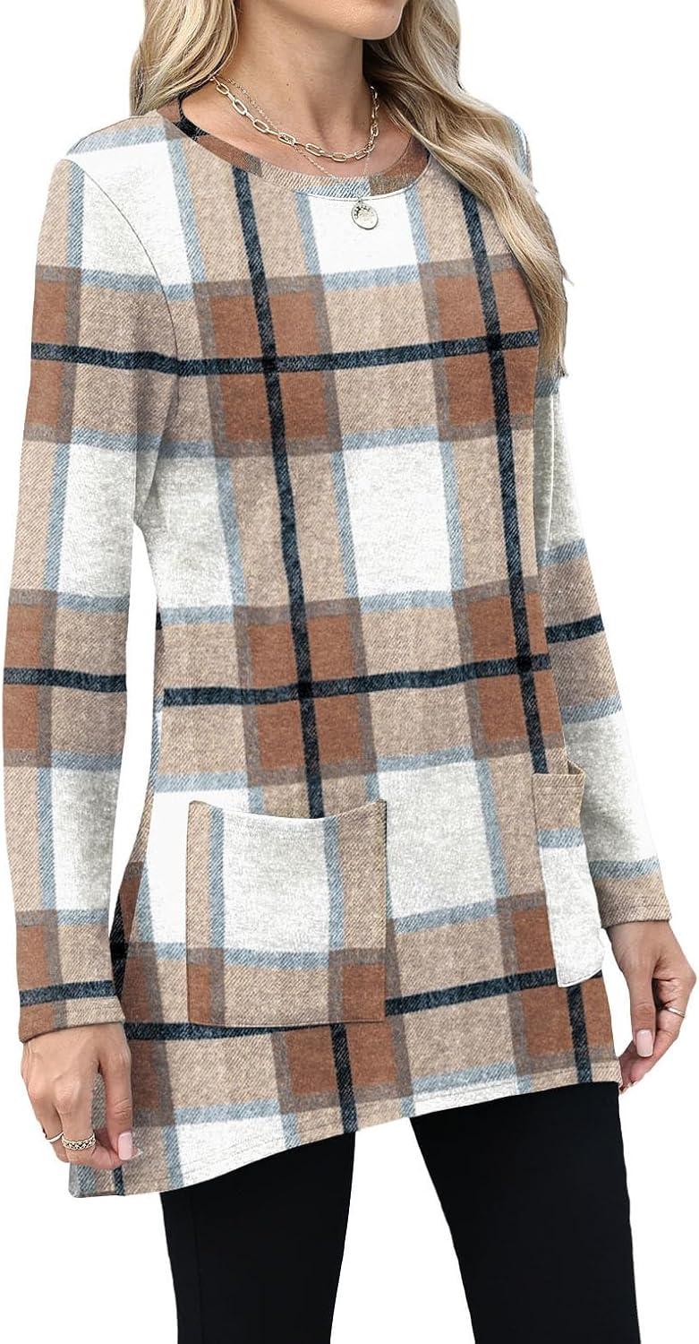 imageXIEERDUO Womens Tunic Tops Long Sleeve Crew Neck High Low Hem Loose Fit Shirts Blouses with PocketsPlaid