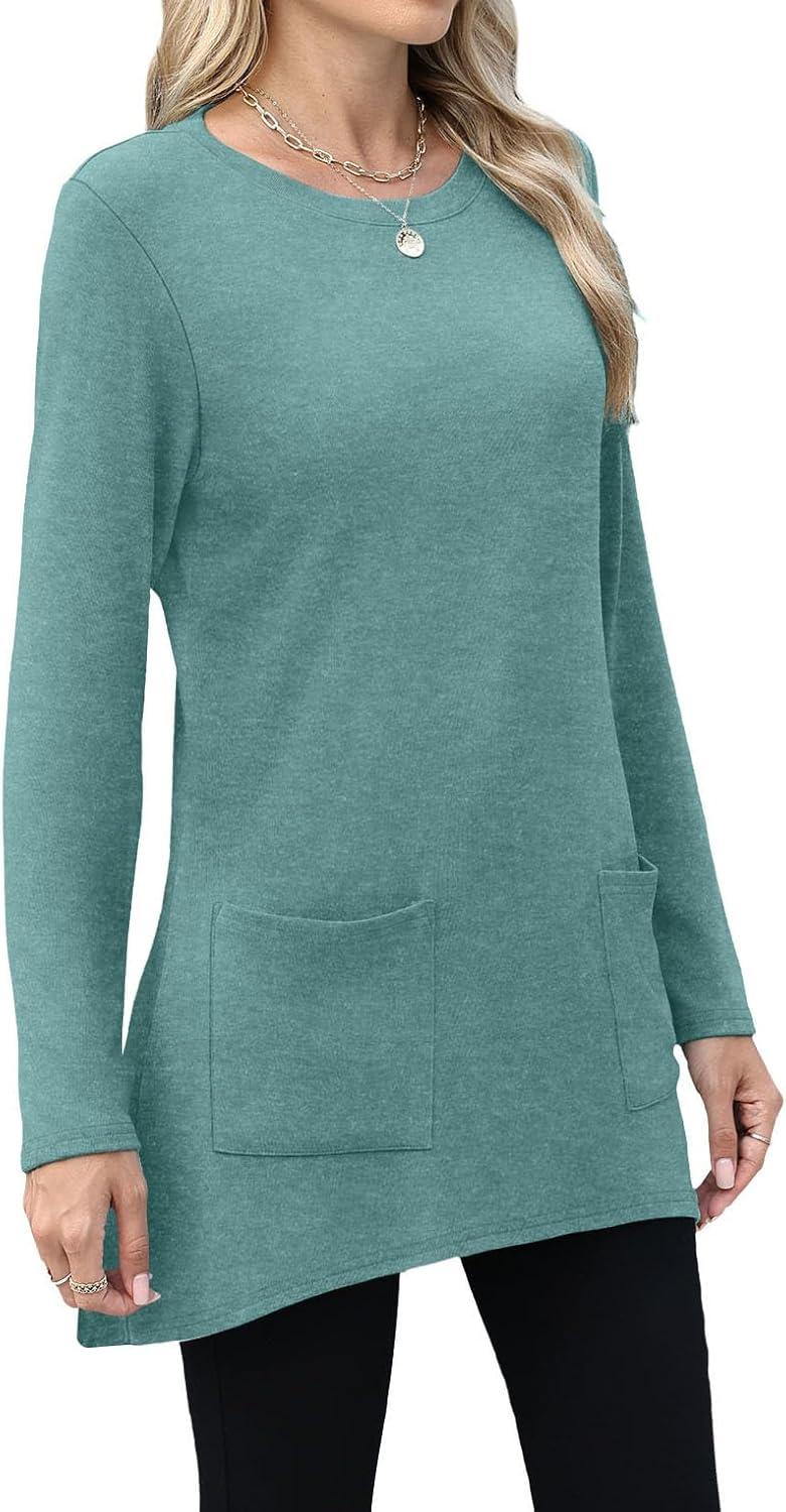 imageXIEERDUO Womens Tunic Tops Long Sleeve Crew Neck High Low Hem Loose Fit Shirts Blouses with PocketsTurquoise