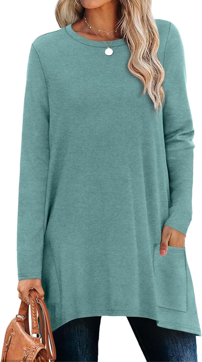 imageXIEERDUO Womens Tunic Tops Long Sleeve Crew Neck High Low Hem Loose Fit Shirts Blouses with PocketsTurquoise