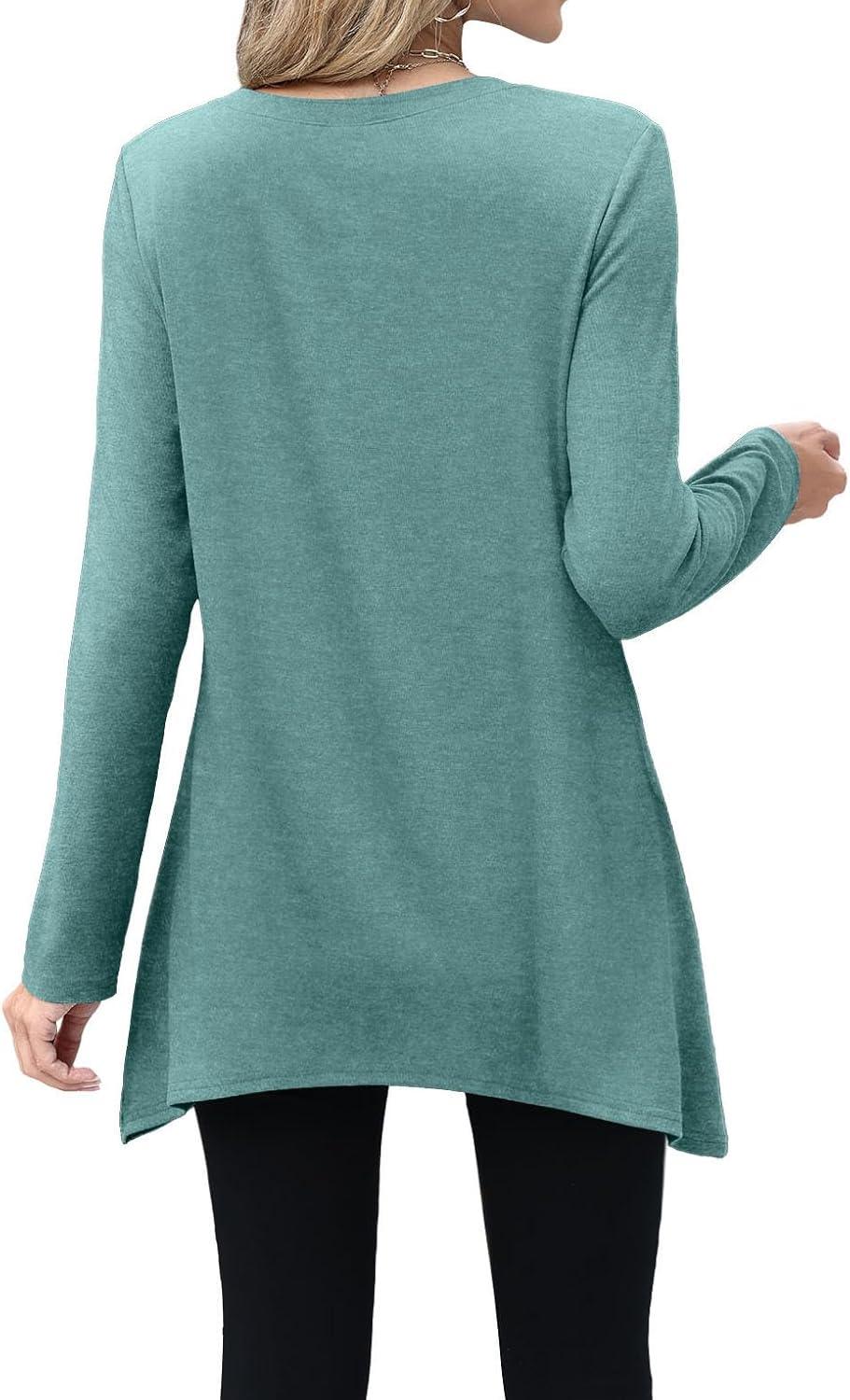 imageXIEERDUO Womens Tunic Tops Long Sleeve Crew Neck High Low Hem Loose Fit Shirts Blouses with PocketsTurquoise