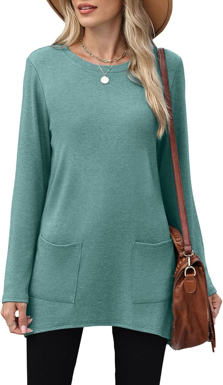imageXIEERDUO Womens Tunic Tops Long Sleeve Crew Neck High Low Hem Loose Fit Shirts Blouses with PocketsTurquoise