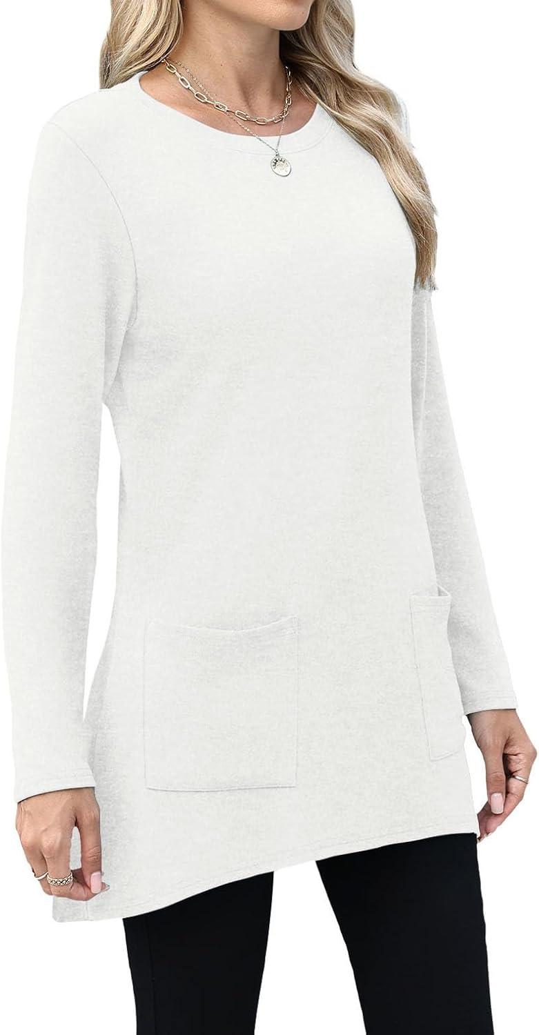 imageXIEERDUO Womens Tunic Tops Long Sleeve Crew Neck High Low Hem Loose Fit Shirts Blouses with PocketsWhite