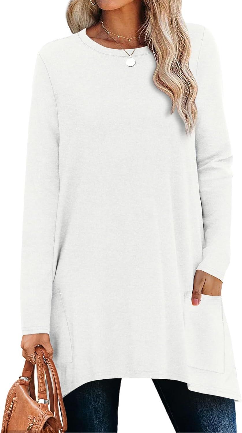 imageXIEERDUO Womens Tunic Tops Long Sleeve Crew Neck High Low Hem Loose Fit Shirts Blouses with PocketsWhite