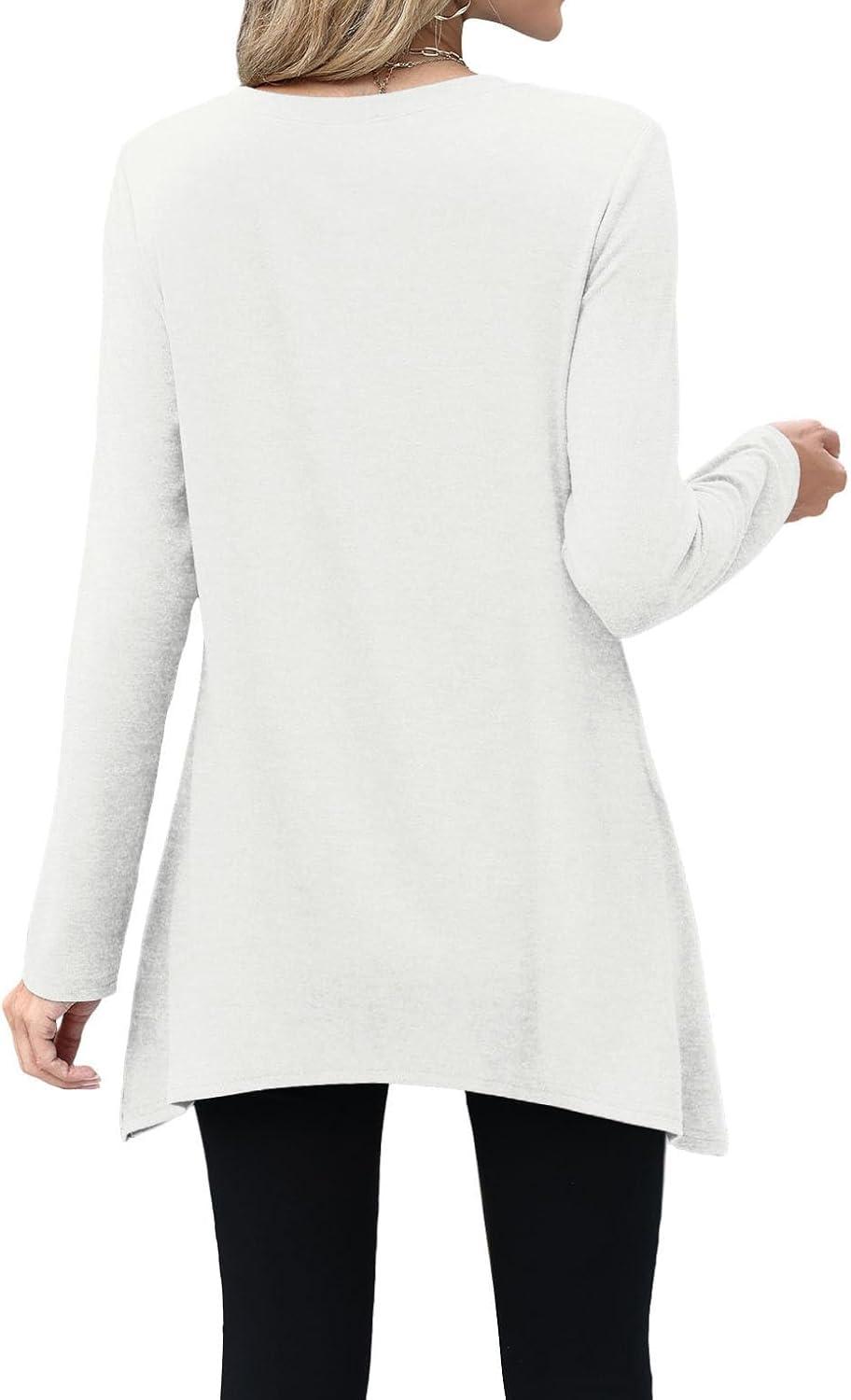 imageXIEERDUO Womens Tunic Tops Long Sleeve Crew Neck High Low Hem Loose Fit Shirts Blouses with PocketsWhite