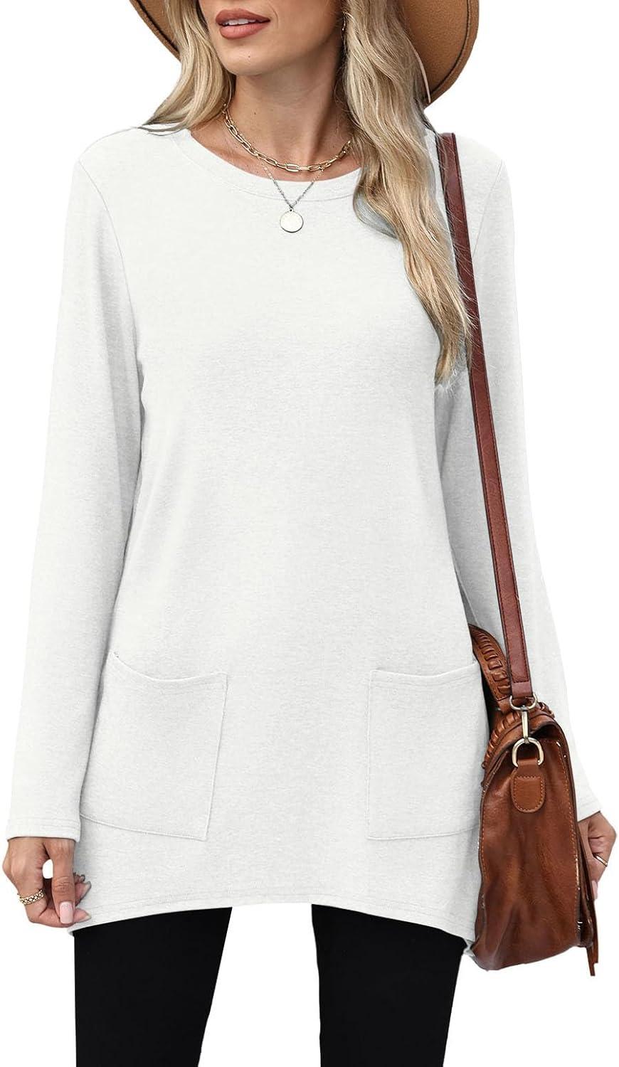 imageXIEERDUO Womens Tunic Tops Long Sleeve Crew Neck High Low Hem Loose Fit Shirts Blouses with PocketsWhite