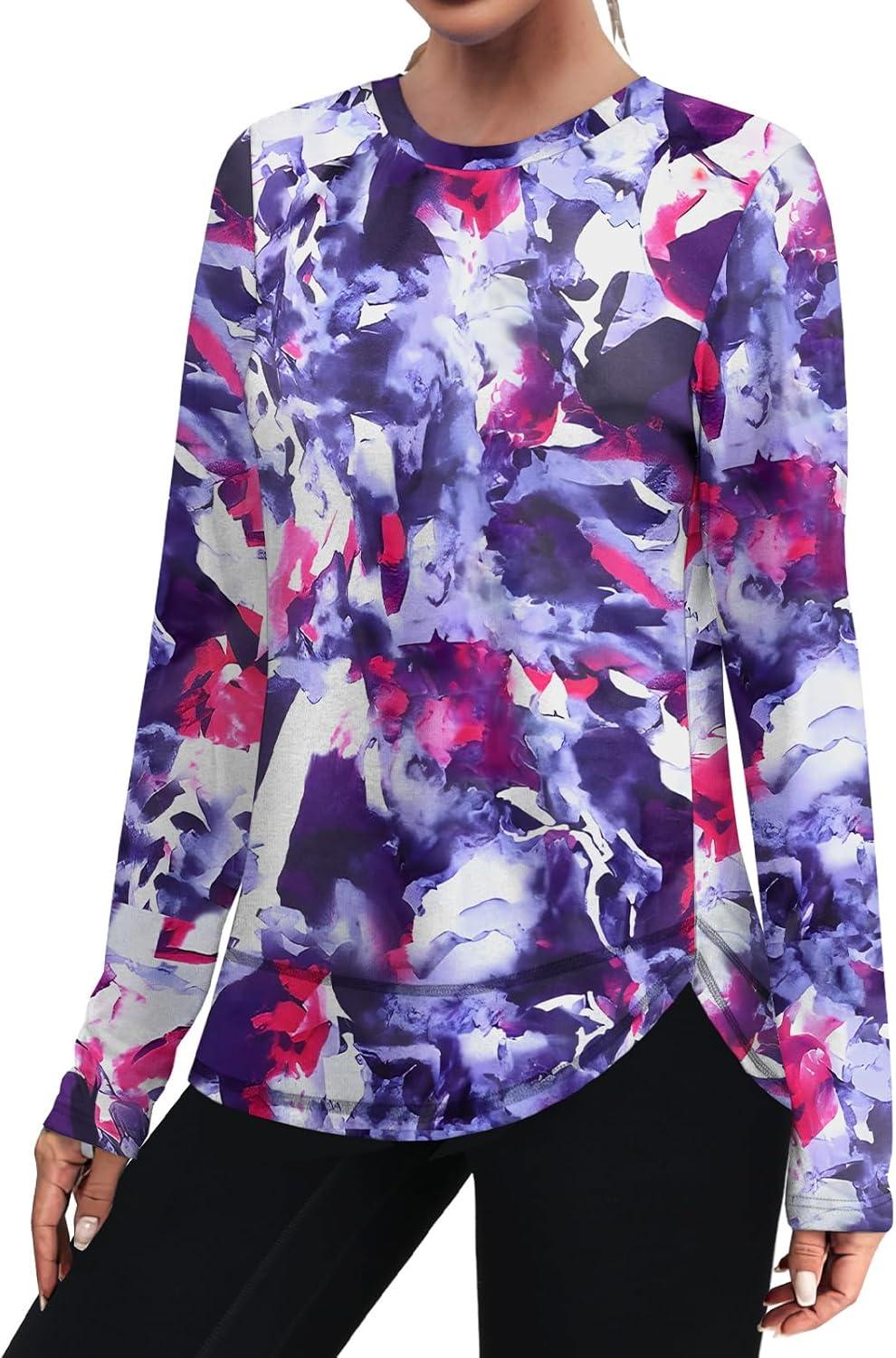 imageXIEERDUO Womens Workout Tops Long Sleeve Quick Dry UPF 50 Sun Protection Shirts for Hiking Running S3XL21 Tie Dye Purple Floral