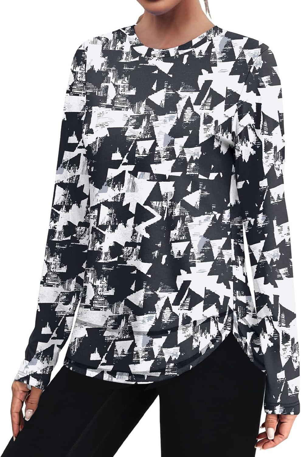 imageXIEERDUO Womens Workout Tops Long Sleeve Quick Dry UPF 50 Sun Protection Shirts for Hiking Running S3XL22 Black White Floral