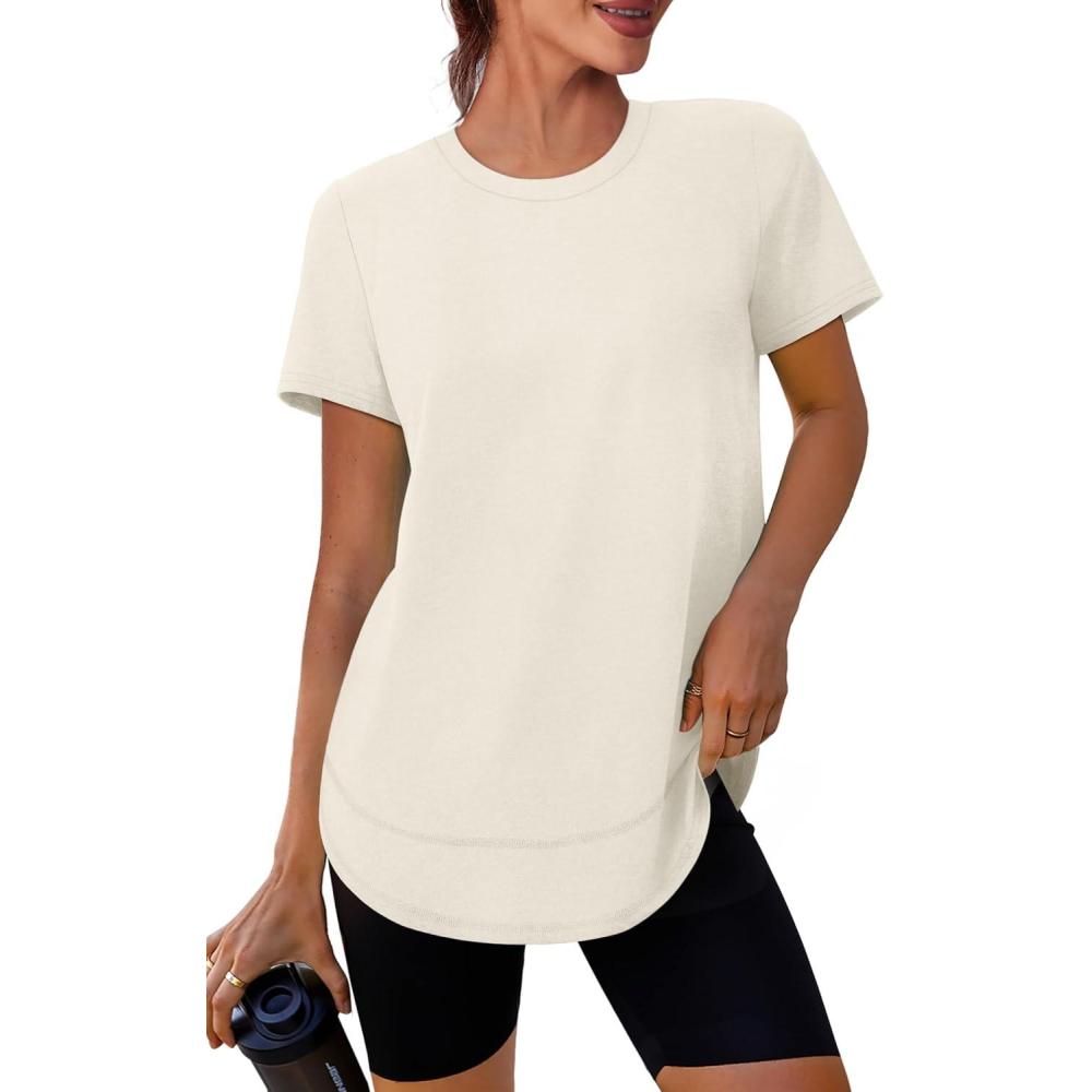 imageWomens Workout Tops Short Sleeve Shirts with Sun Protection UPF 50 Quick Dry Outfits for Hiking Running S3XL07 Cream White