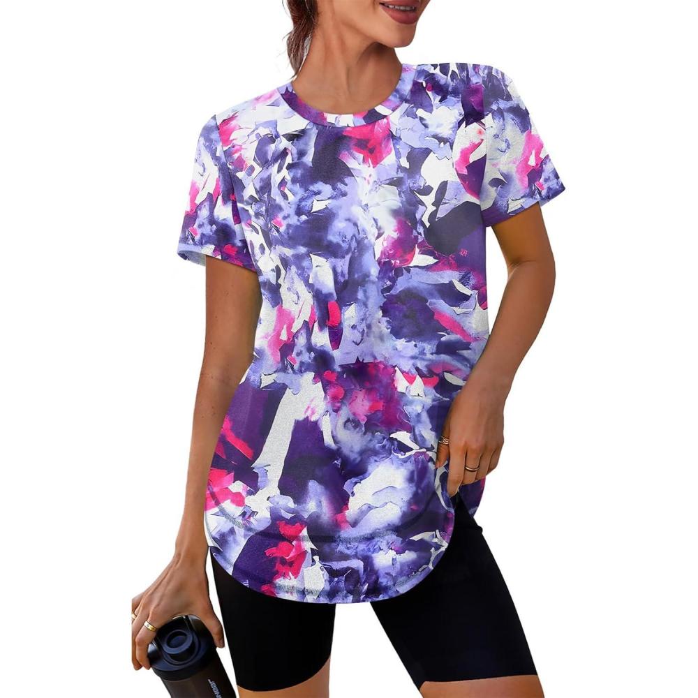imageWomens Workout Tops Short Sleeve Shirts with Sun Protection UPF 50 Quick Dry Outfits for Hiking Running S3XL13 Tie Dye Purple Floral