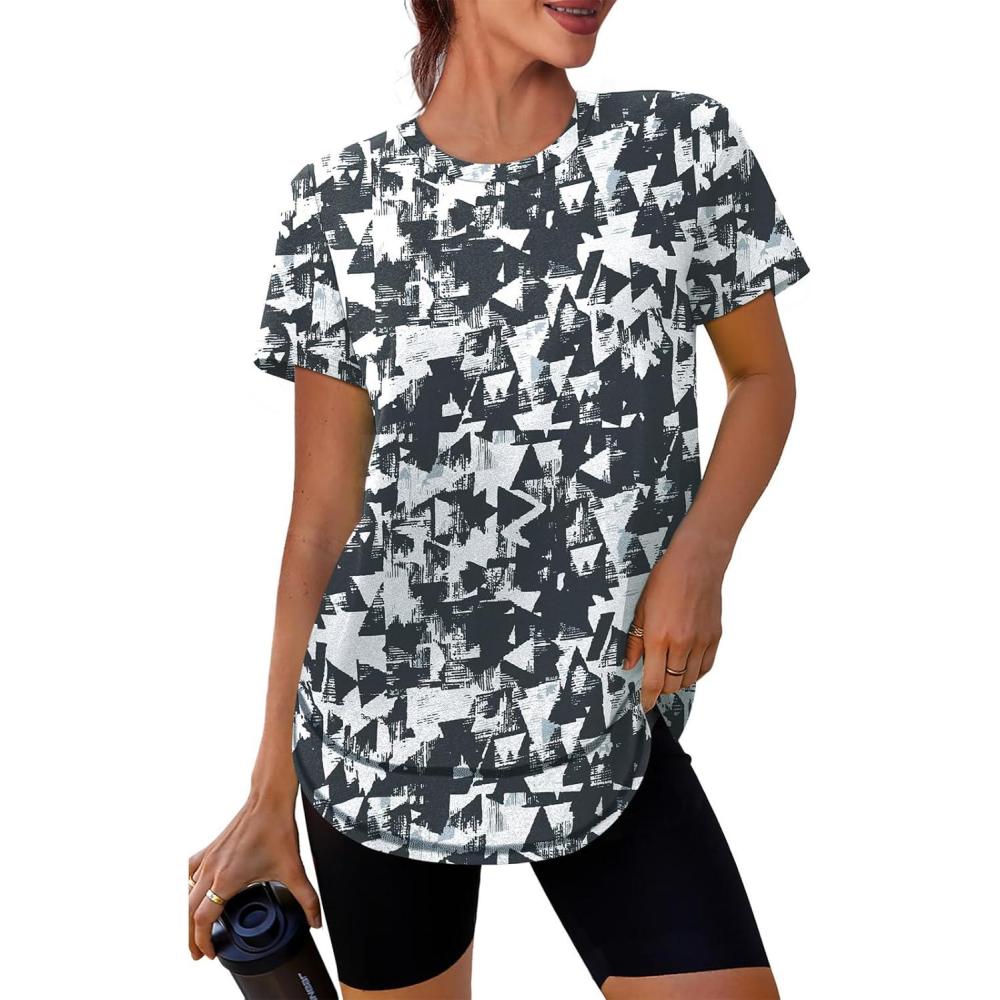 imageWomens Workout Tops Short Sleeve Shirts with Sun Protection UPF 50 Quick Dry Outfits for Hiking Running S3XL14 Black White Floral