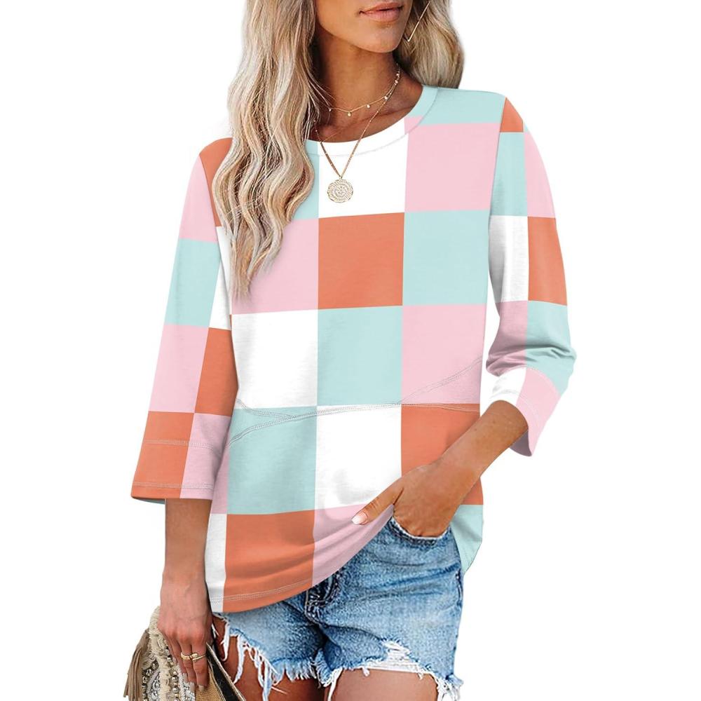 imageXIEERDUO 34 Length Sleeve Tops for Women Business Casual Blouses Slit Side Shirts Blouses Summer Fashion Clothes 2026Plaid Print