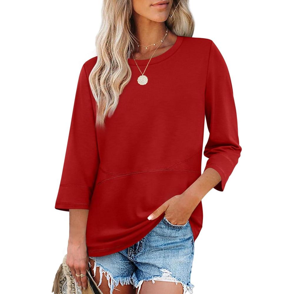 imageXIEERDUO 34 Length Sleeve Tops for Women Business Casual Blouses Slit Side Shirts Blouses Summer Fashion Clothes 2026Red