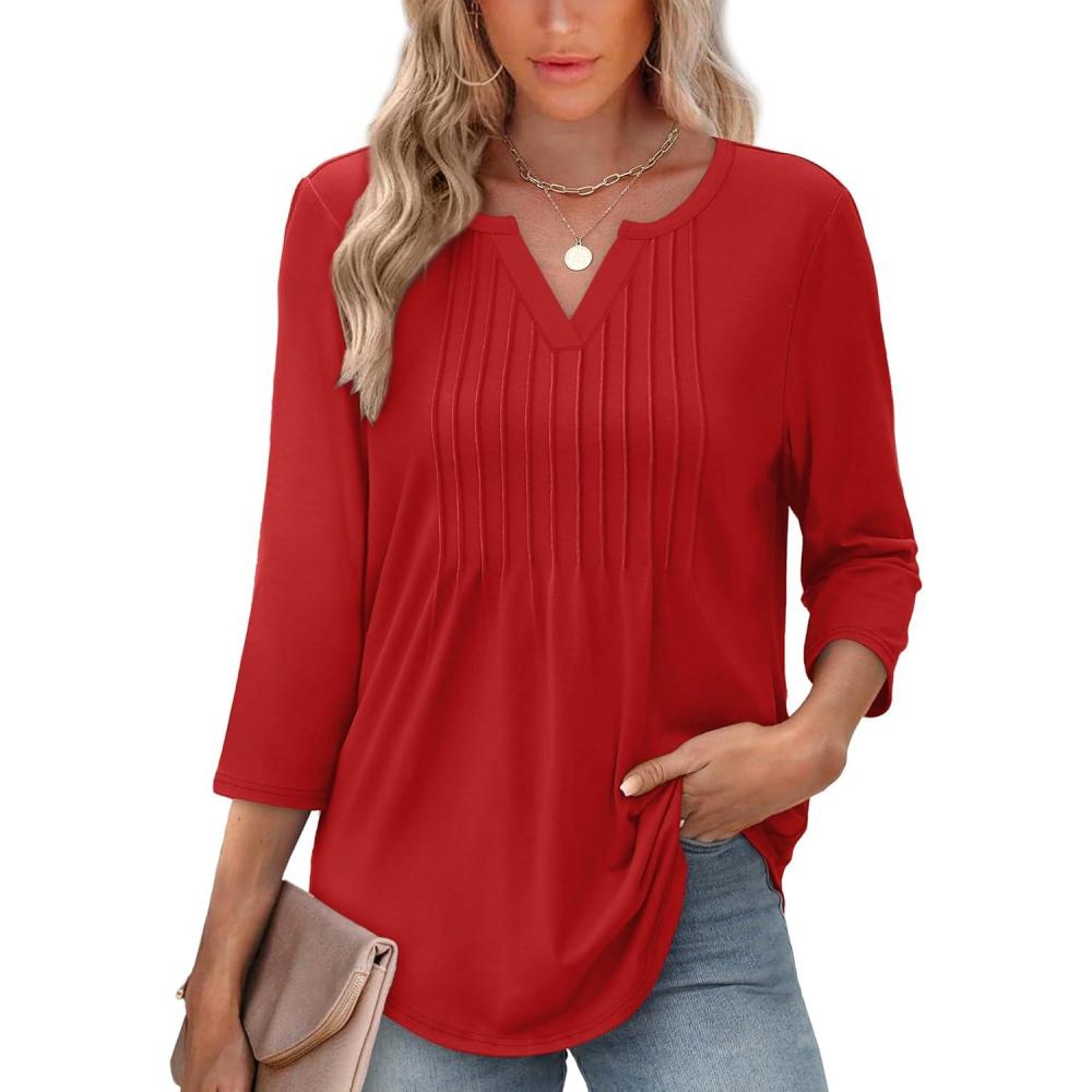 imageXIEERDUO Womens 34 Sleeve Tops 2025 VNeck Casual Pleated Shirts Blouses Beach Vacation Fall Fashion Clothes OutfitsAred
