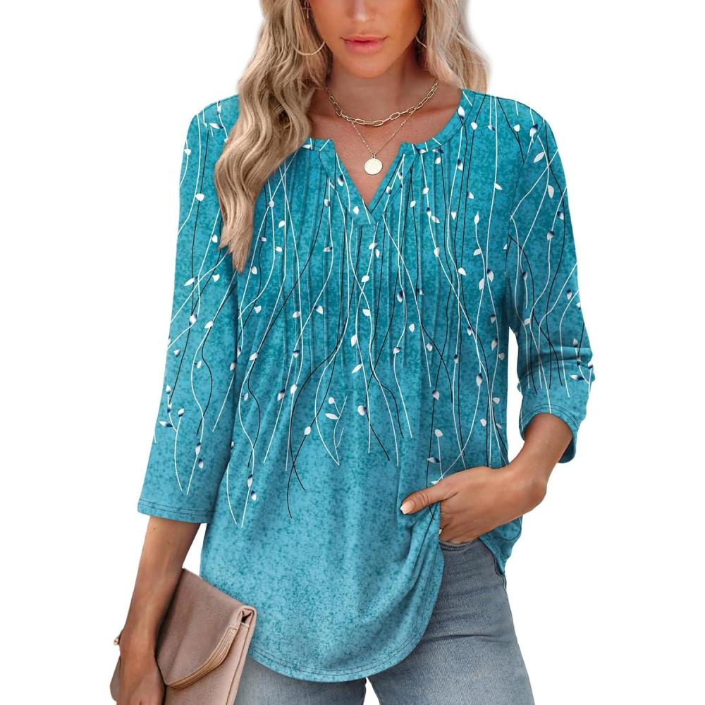 imageXIEERDUO Womens 34 Sleeve Tops 2025 VNeck Casual Pleated Shirts Blouses Beach Vacation Fall Fashion Clothes OutfitsFblue Gradient