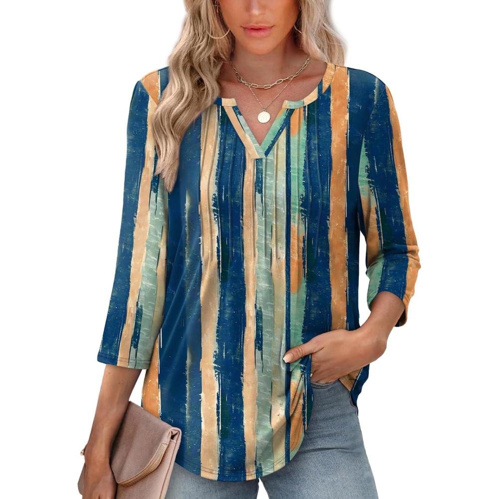 imageXIEERDUO Womens 34 Sleeve Tops 2025 VNeck Casual Pleated Shirts Blouses Beach Vacation Fall Fashion Clothes OutfitsFcolor Streak