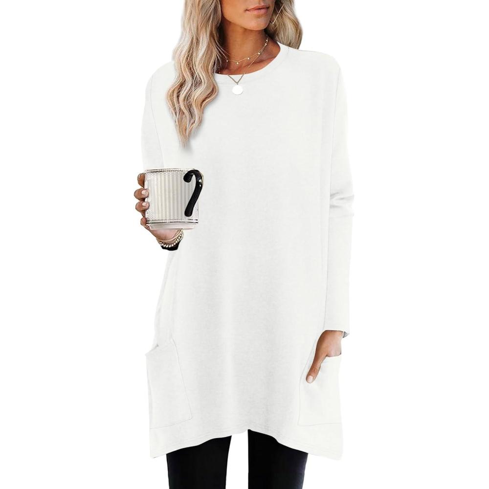 imageXIEERDUO Womens Tunic Tops Long Sleeve Crew Neck High Low Hem Loose Fit Shirts Blouses with PocketsWhite