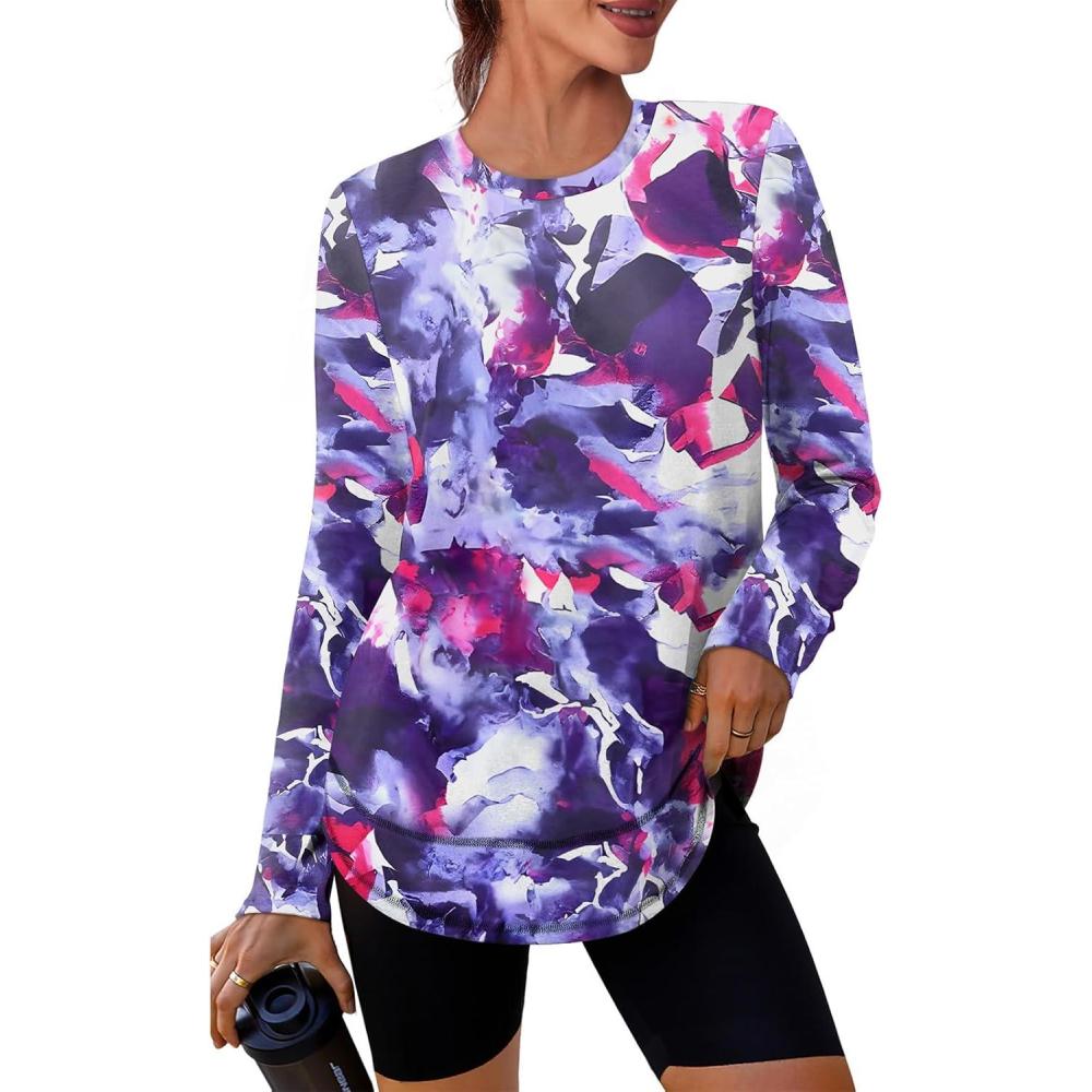 imageXIEERDUO Womens Workout Tops Long Sleeve Quick Dry UPF 50 Sun Protection Shirts for Hiking Running S3XL21 Tie Dye Purple Floral